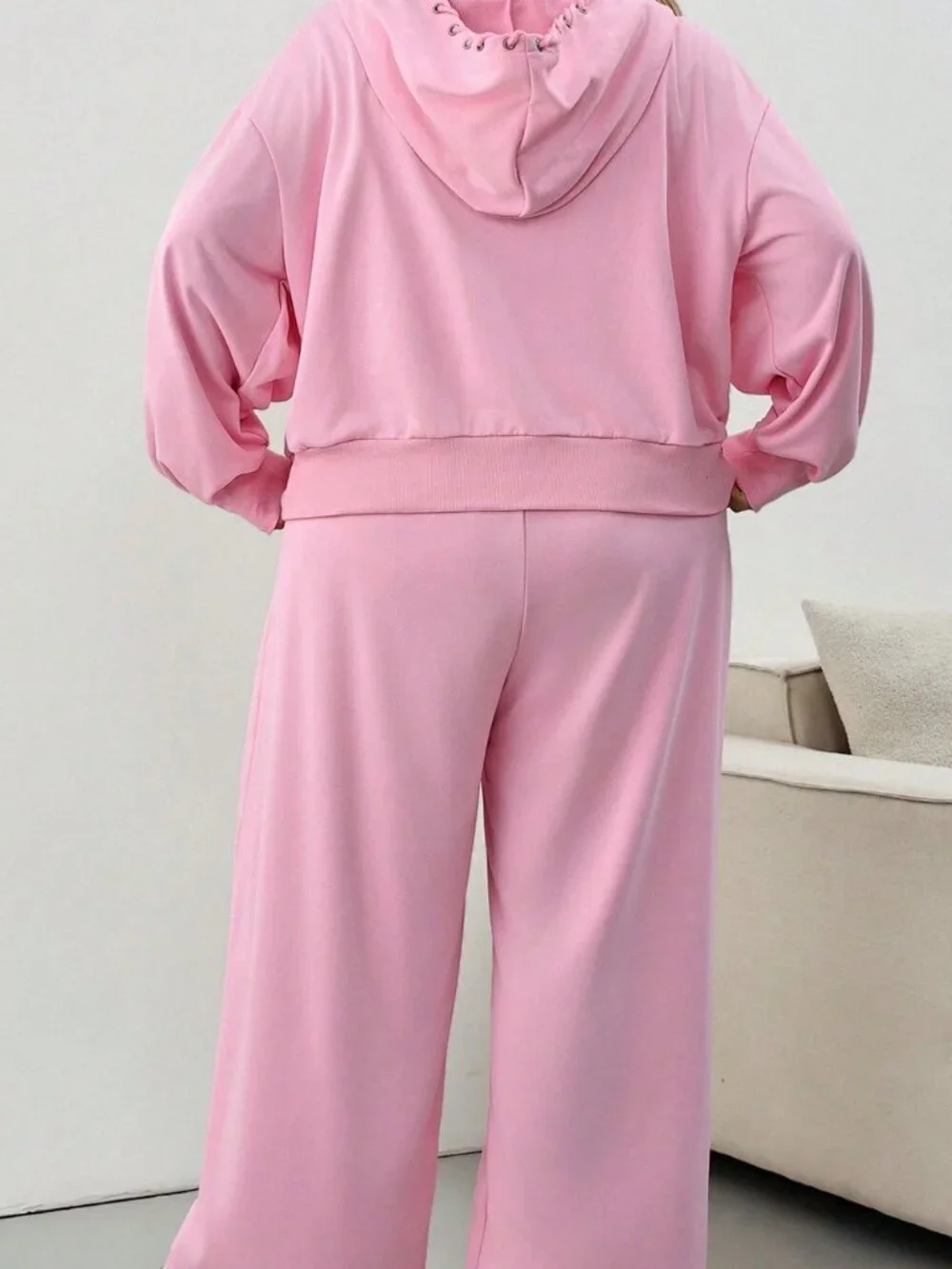 Pink Casual Women's Loose Hooded Zip-Up Drawstring Pocket Cropped Sweatpants Set